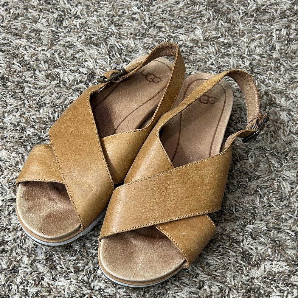 Ugg Kamile Sandals Camel Tan Brown Leather Boho Cross-Strap Sandals Sz 9.5